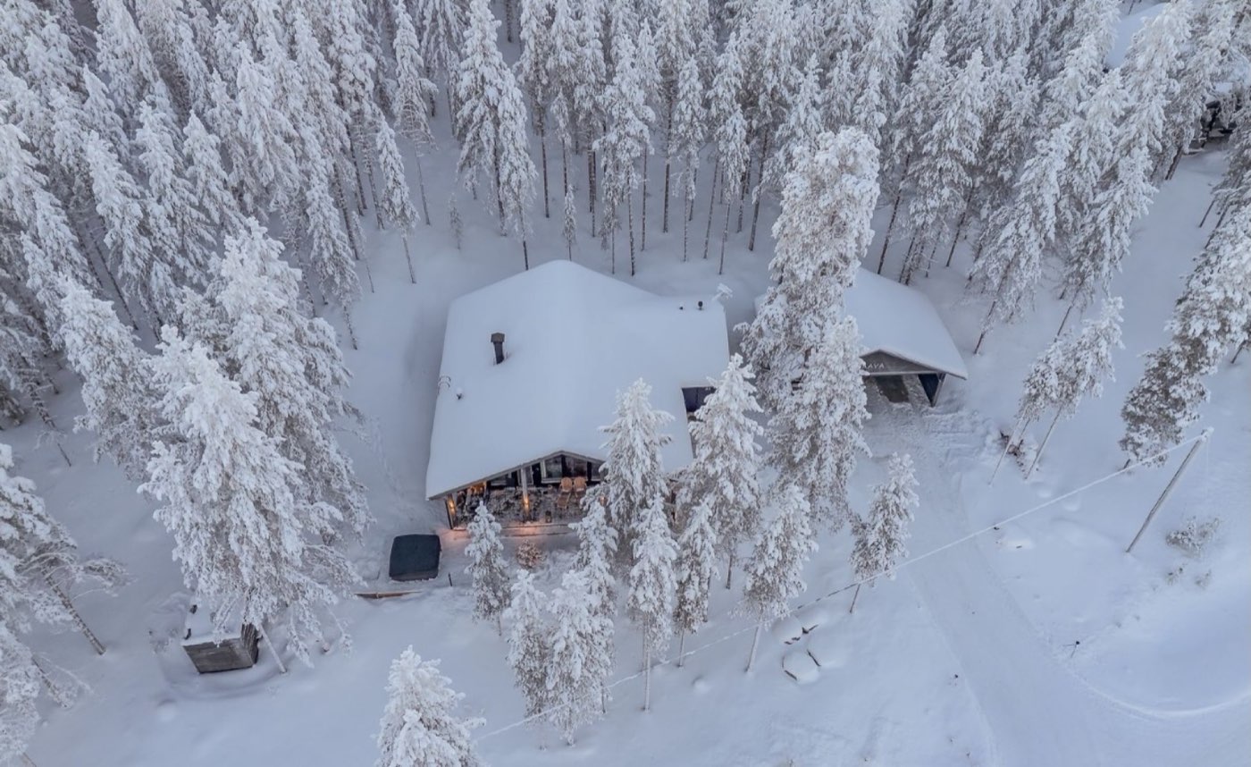 Aerial view of the snow-covered roof surrounded by forest